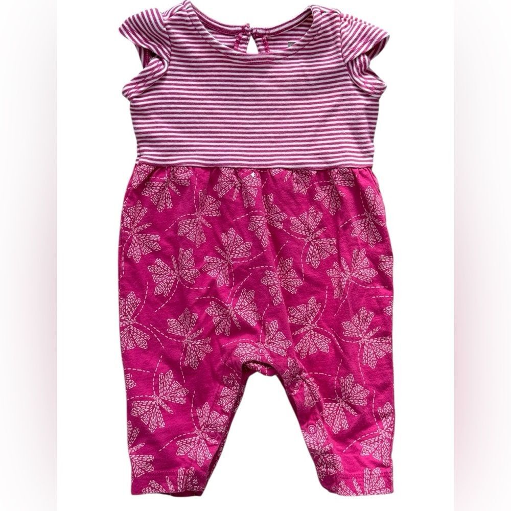 Tea Collection Baby Girls Short Sleeve Pink Striped One Piece Romper. 0-3 Months